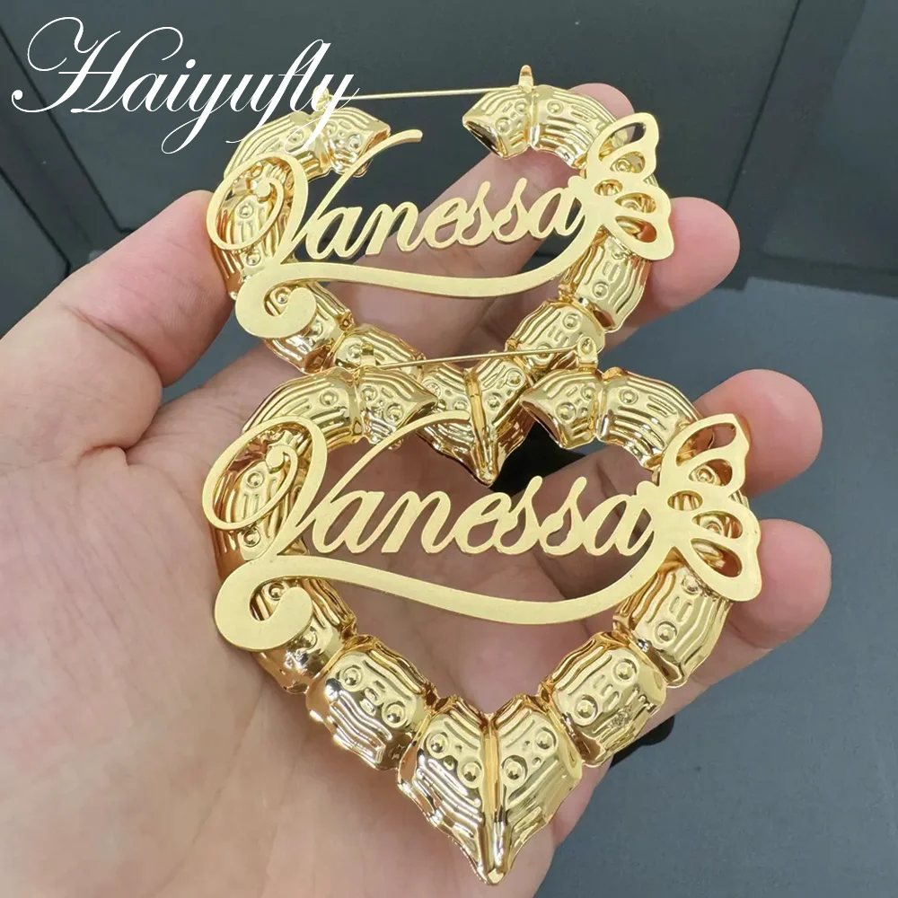 Haiyufly Custom Name Heart Bamboo Earring for Women Stainless Steel Jewelry Personalized Butterfly Nameplate Mother's Day Gift