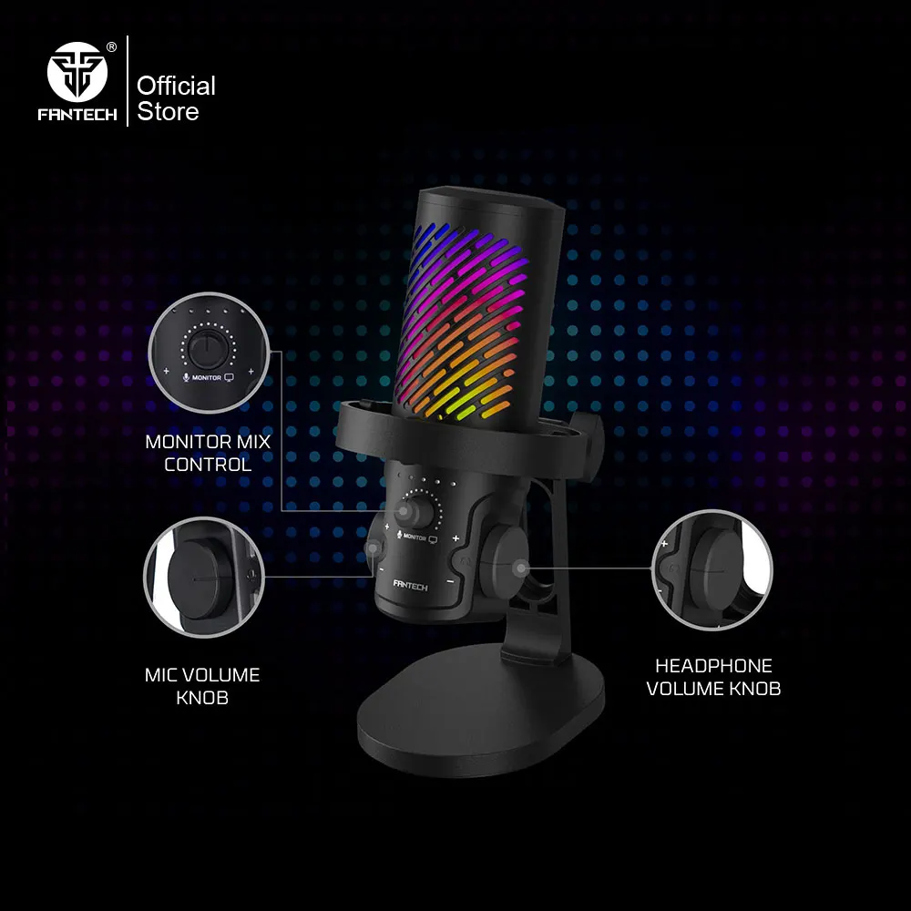 

Проводной микрофон FANTECH LEVIOSA AURA MCX04 с шумоподавлением ENC, кнопкой отключения звука и кардиоидной диаграммой направленности, RGB-подсветкой