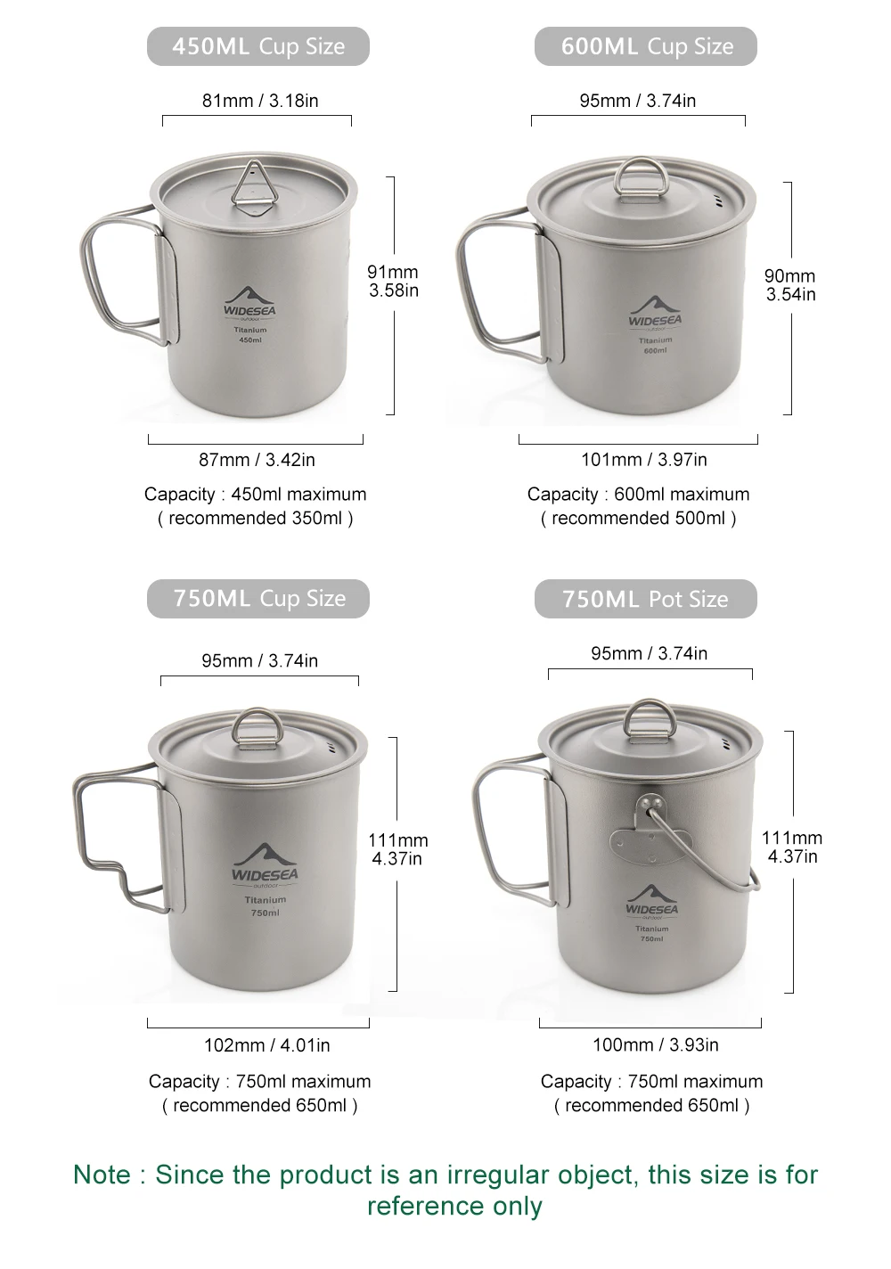 Widesea Ultraleichter Campingbecher aus reinem Titan mit klappbarem Griff, tragbarer Outdoor-Becher mit mehreren Kapazitäten für Wandern und Rucksackreisen – Detail 4