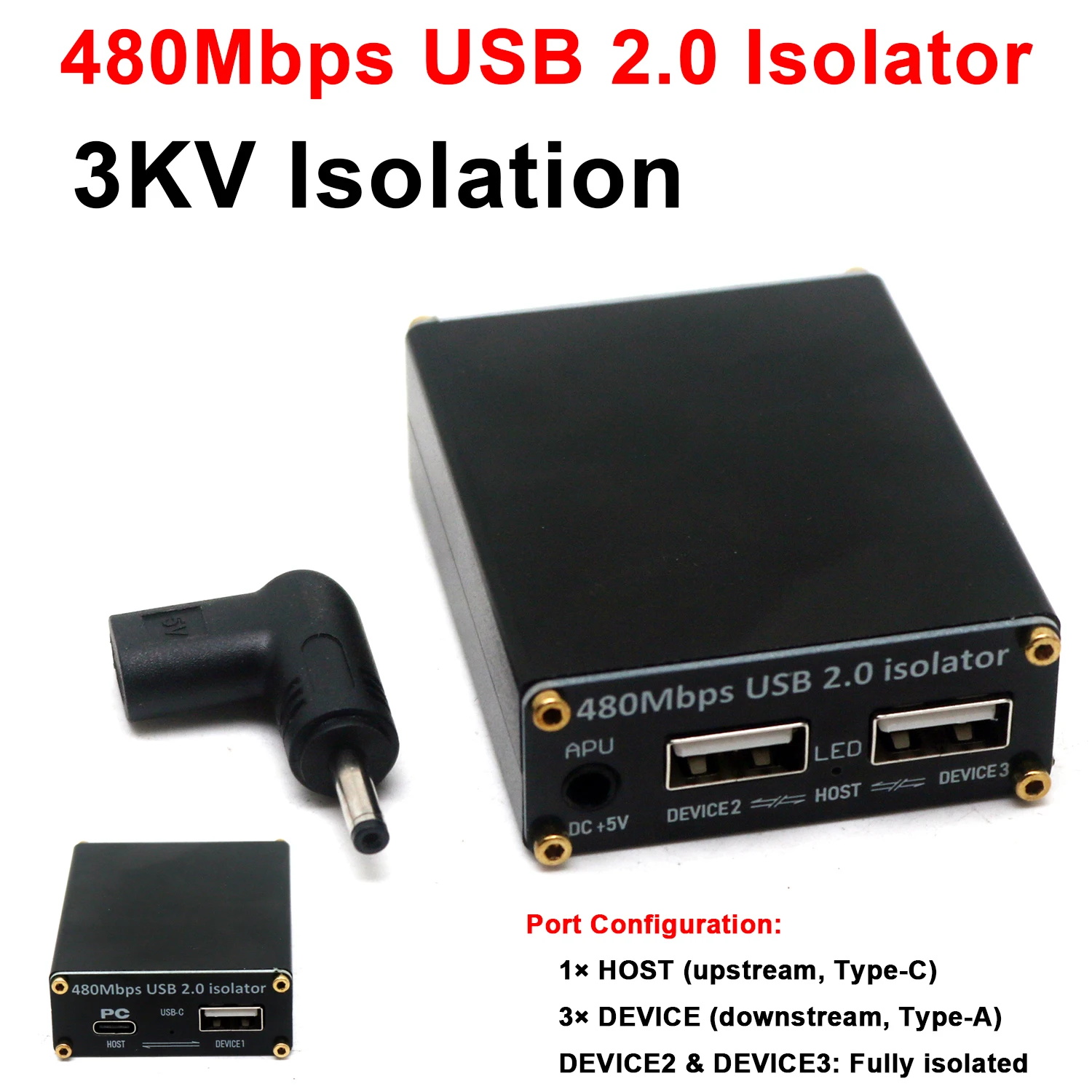Hub d'isolateur haute vitesse USB 2.0 480Mbps, Isolation 3kV TYPE-C, disque dur de puissance, transmission de données HHD, Audio, élimine le bruit de terre