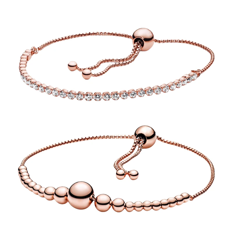 

Wrist Strand Bracelets For Women Fine Jewelry 925 Sterling Silver Rose Gold Zircon Stones Tennis String Of Beads Sliding Clasp