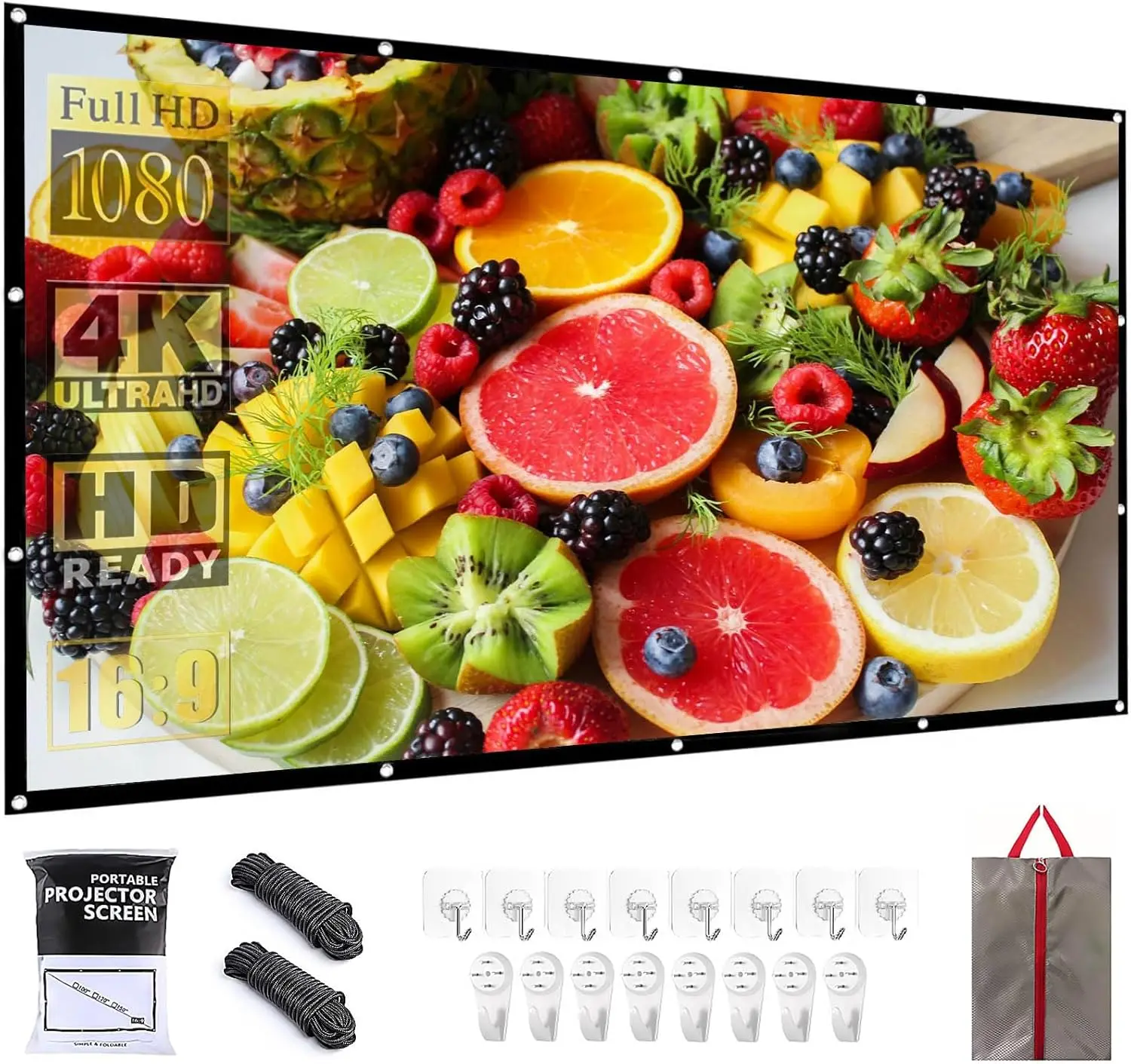 

84 inch Portable Projector Screen for Outdoor Indoor 16:9 Foldable Wrinkle-Free with 1.1 Gain 160° Viewing and 8 Sticky Hooks