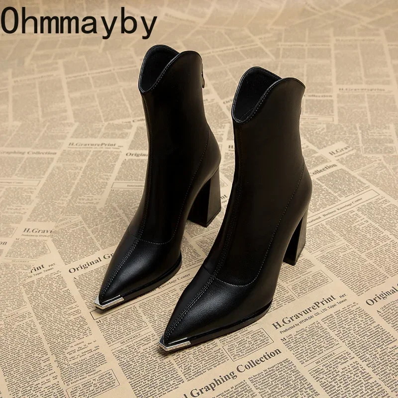 Pointed Toe Women\'s Ankle Boots Fashion Back Zippers Short Botas Ladies Elegant Square High Heel Winter Women\'s Footwear