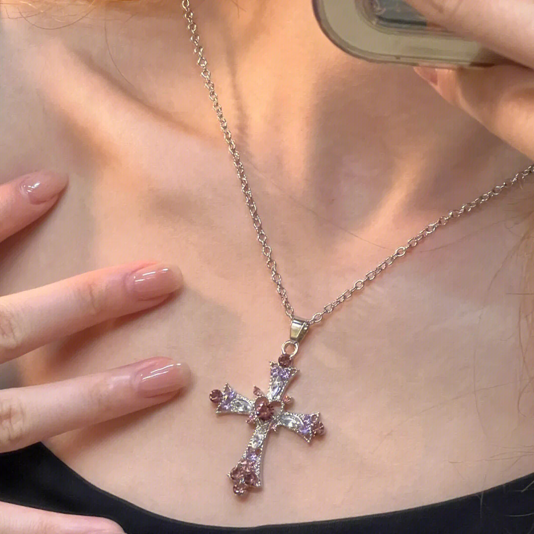 Gothic Style Pink Purple Zircon Cross Necklace Ladies Rhinestone Pendant Clavicle Chain Charm Party Jewelry Gifts