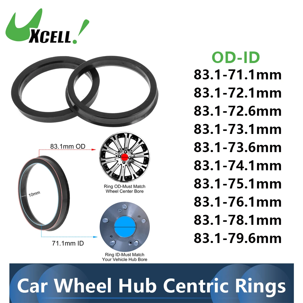 

UXCELL Car Wheel Hub Centric Rings 83.1mm OD 71.1-79.6mm ID Black Polycarbonate Wheels Center Shaft Shock Absorbing Hubrings