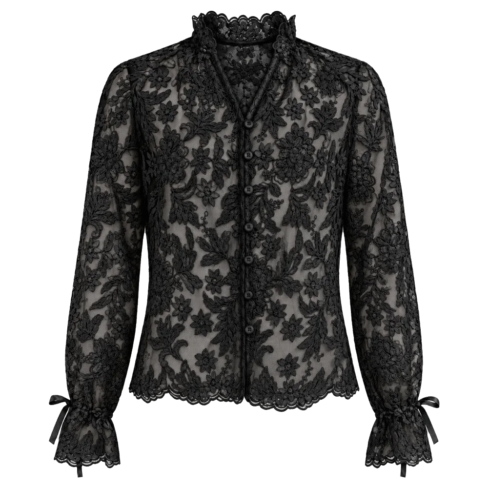 Hollow Out Lace Printed Shirt Flared Long Sleeve Embroidered See Through Mesh Shirt Slim Fit V-Neck Lace Blouse Casual Wear
