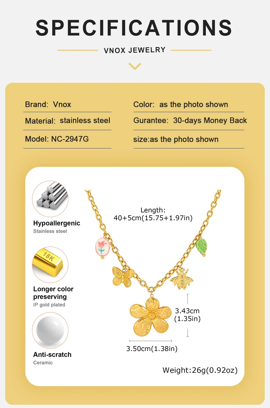 Vnox 18K vergoldete Schmetterlings-, Bienen- und Blumenanhänger-Halskette für Frauen, minimalistische, süße, florale Schlüsselbeinkette, Urlaubsschmuck – Detail 4