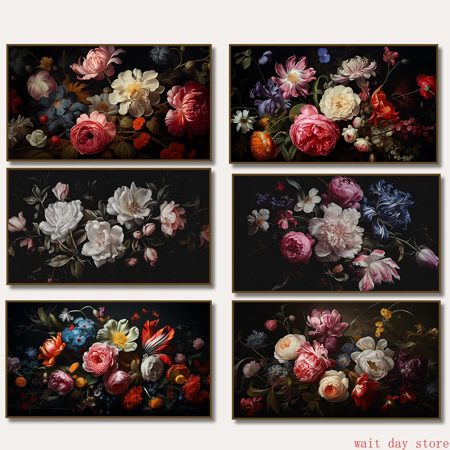 Antique Dark Academia French Rose Flower Still Life Renaissance Poster Canvas Painting Wall Art Pictures Home Farmhouse Decor