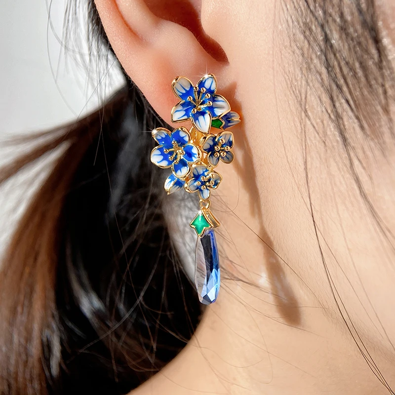 Huitan New Design Blue Morning Glory Earrings for Women Luxury Gold Color Bride Wedding Party Romantic Flower Earrings Jewelry image 6