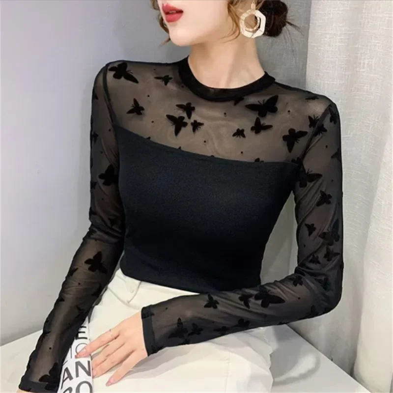 Round Neck Mesh Tshirt Women Blouse Splicing Sun Protection Base Spring Autumn Woman Clothes T-shirt Thin Sexy Pullover Tees Top
