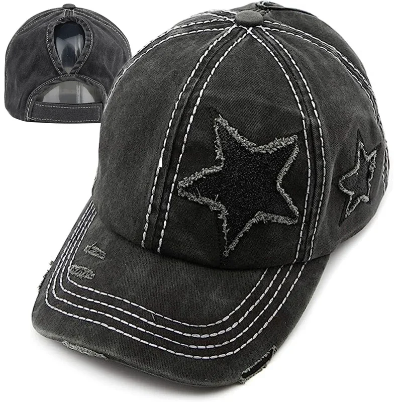 Retro Star Washed Denim Hole Baseball Cap Y2K Sun Hat For Women Men Cotton Ponytail Caps Fashion Hip Hop Snapback Hats Gorros