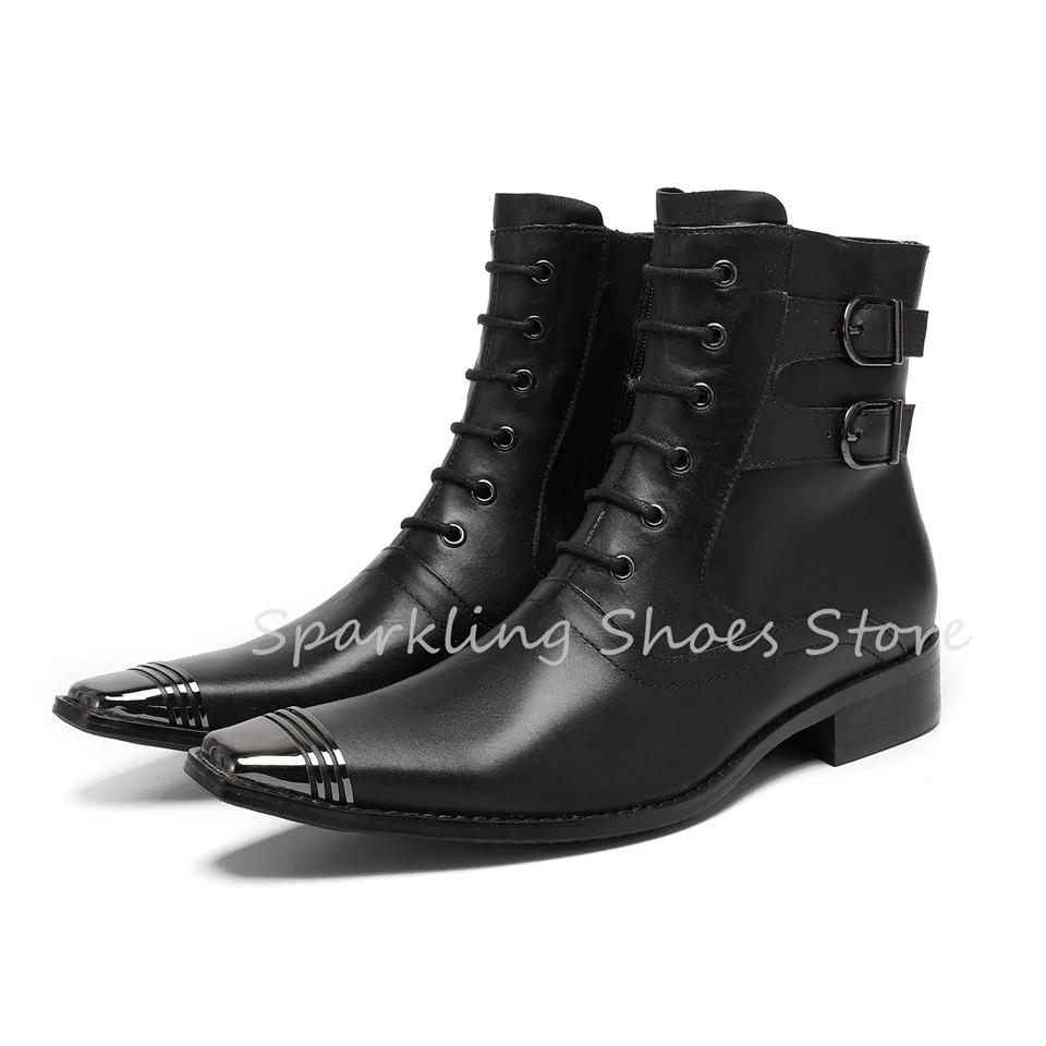 

British Style Balck Lace-Up Leather Shoes for Men Punk Belt Buckle Metal Pointed Toe Chelsea Boots Male Casual Mid-Calf Boots