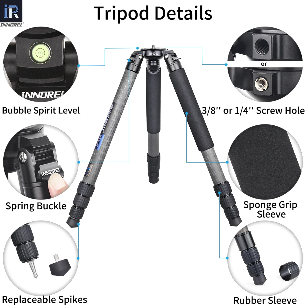 Imagem -05 - Innorel-tripé de Câmera Profissional Fibra de Carbono Pesada Super Estável Suporte de Observação de Pássaro Superior 40 mm Tubo Máximo 30kg Carga Máxima Nt404c