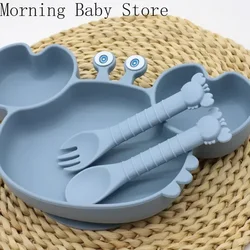 Food Grade Silicone Baby Dishes Cartoon Crab Dinner Plate with Suction Cup Spoon and Fork Kids' Solid Feeding Supplies Tableware