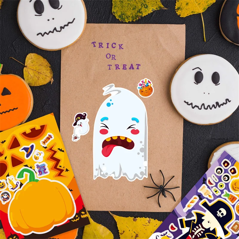 Kids DIY Halloween Stickers Make A Face Pumpkin Witch Bat Mummy Prank Puzzle Sticker Party Decoration Stiker Boys Girls Gifts