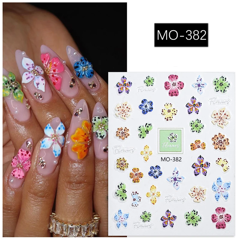 5D Embossed Nail Art Decals Summer Pink Blossom Florals Orchid Flowers Nails Stickers Decorations For Manicures