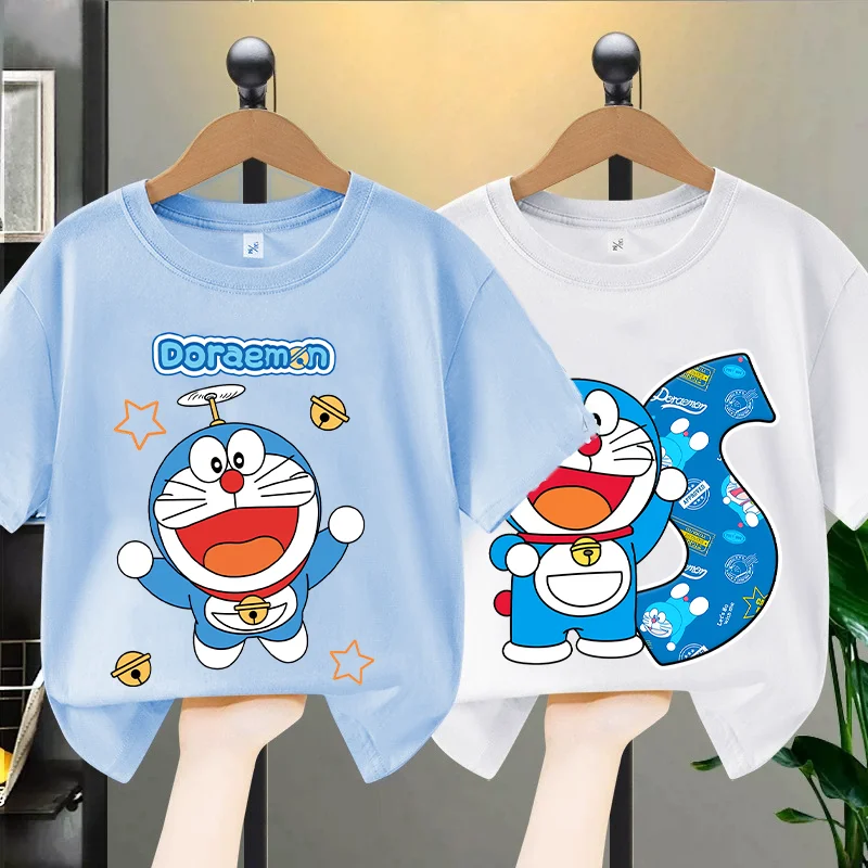 Nueva camiseta con letras de Doraemon A-Z para niños, camisetas de verano de manga corta con dibujos animados, ropa de moda para niños, camiseta para niños y niñas, regalo de cumpleaños