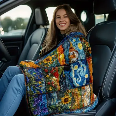 1pc Van Gogh Capolavoro Puzzle Coperta di flanella Morbida calda con notte stellata Girasoli Ufficio Viaggio Regalo accogliente per gli amanti dell'arte