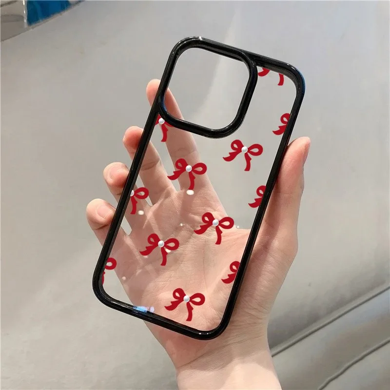 Fashionable Red Pink Bow Phone Case For iPhone 15 16 Pro Max Plus 16E 14 13 12 11 Pro Max XR X XS Max 7 8 Plus SE Clear Cover