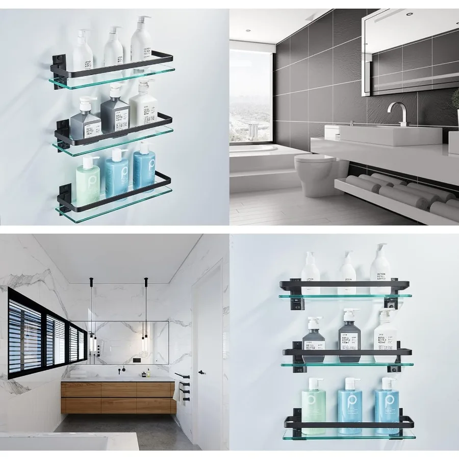 3-pack bathroom glass shelves, aluminum tempered glass. 1-tier storage organizer wall mounted