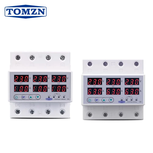 TOMZN TOVPD3-63VA Relé protector de sobretensión y bajo voltaje ajustable trifásico con carril Din con protección de corriente 3*220V 380V