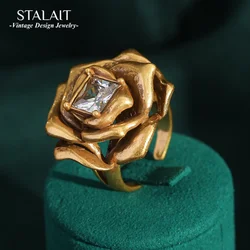 Vintage Gold Color 3D Multi-layered Rose Rings for Woman Square Cubic Zinconia Camellia Flower Retro American Accessories 2024