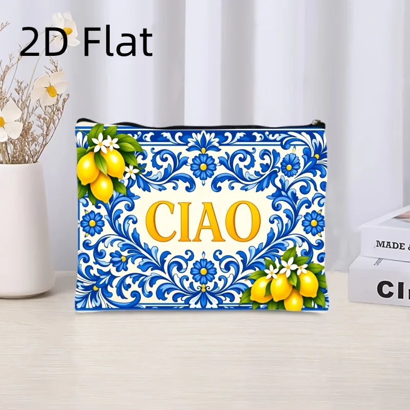 Canvas Material Double-Sided Print Fresh Vintage Style Italian Lemon Makeup Bag Linen Base with Blue White Ceramic Tile Pattern