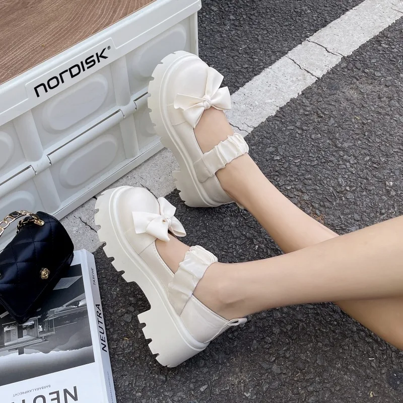 Chunky Platform High Heels Pumps Women Summer 2024 Leather Bow  Mary Jane Shoes Woman Thick Heeled Off White Black Lolita Shoes