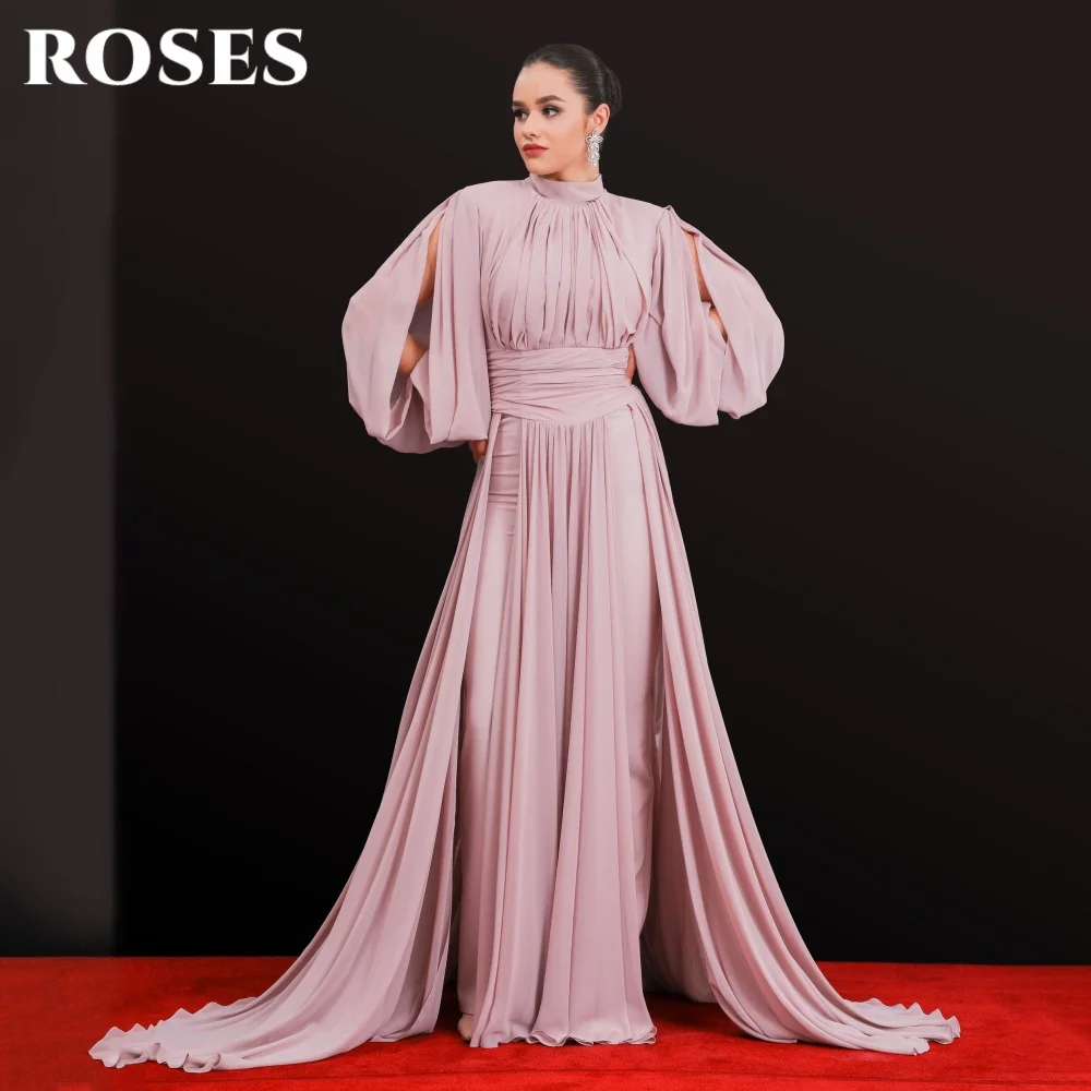

ROSES Pink Elegant Prom Dress Regular Puffy Sleeve Formal Gown with Pleat A-Line High Collar Evening Dress for Woman Customized
