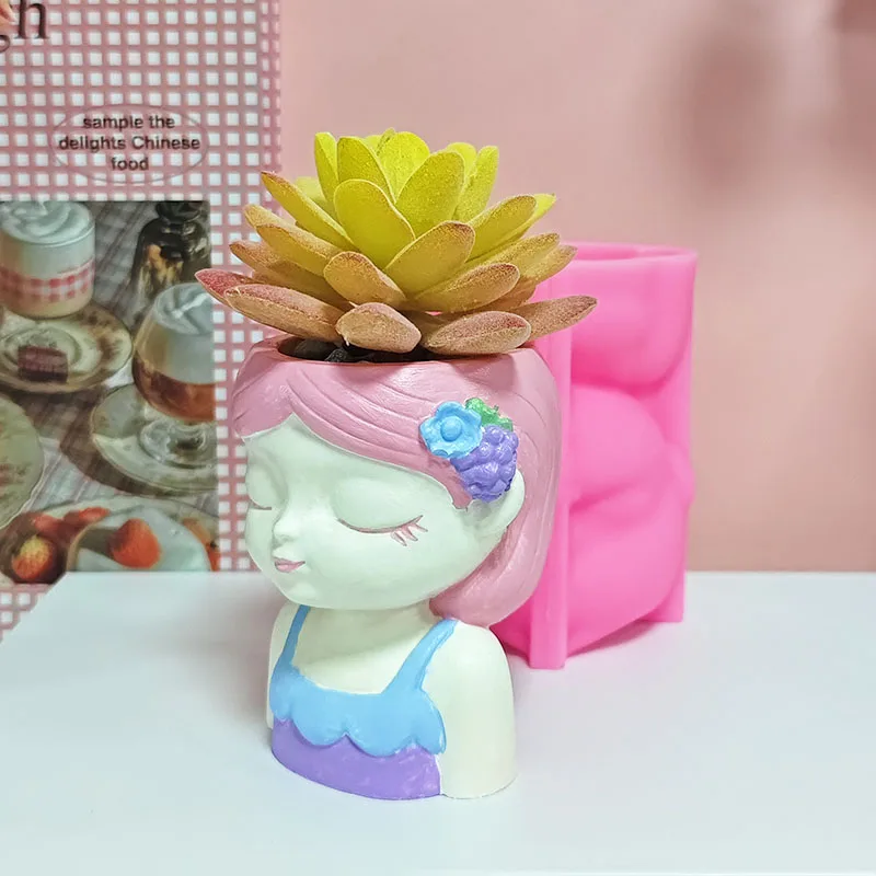 Floral Girl Half-Body Portrait Flower Pot Silicone Mold DIY Cement Plaster Succulent Planter Mold Closed-Eye Girl Flower Vessel Hand-Casting Mold