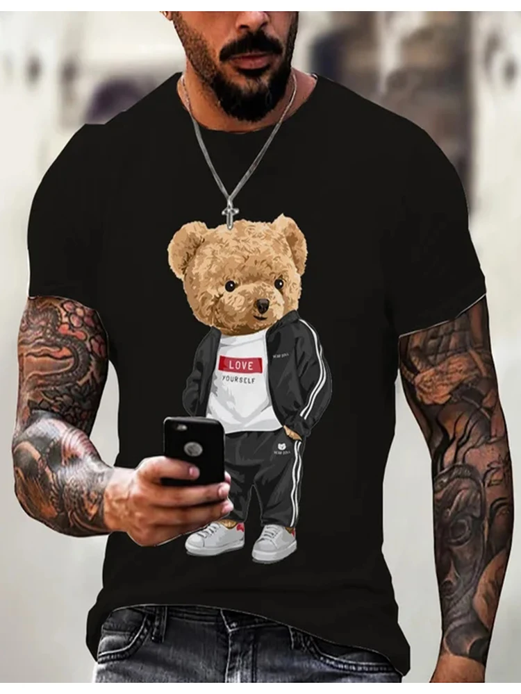 2023 New Teddy Bear Printed Men\'s T-shirt Casual Round Neck Short Sleeve Summer Street Trend Hip Hop Harajuku Round Neck Large T