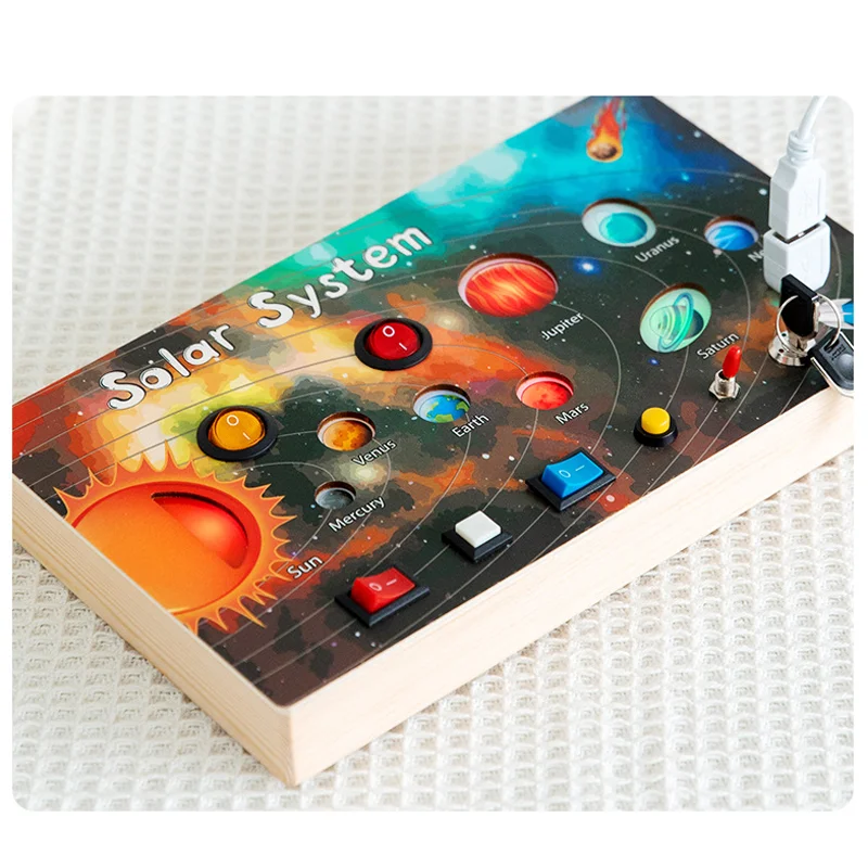 Solar System LED Light Busy Board Wooden Electronic Busyboard Switch Physical Educational Montessori Toys for Kids Daily Skill