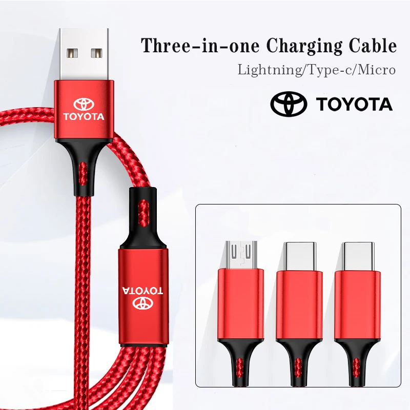 Car Logo 3 In 1 USB Type C Charger Cord Multi Port Micro Cable For Toyota 86 Mirai Supra Prado Alphard Vellfire Crown Sequoia Ve