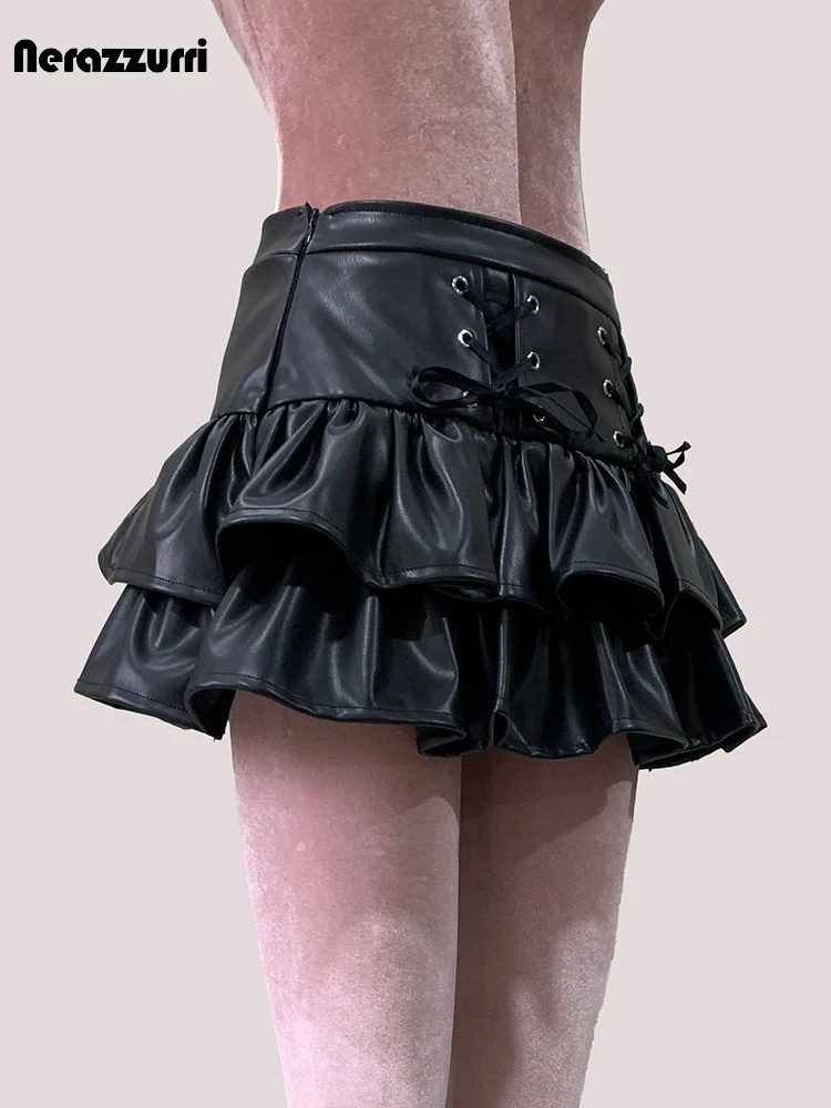 Nerazzurri Summer Autumn Soft Black Pu Leather Mini Tiered Pleated Skirt Women Lace Up Short Luxury Designer Punk Style Clothes