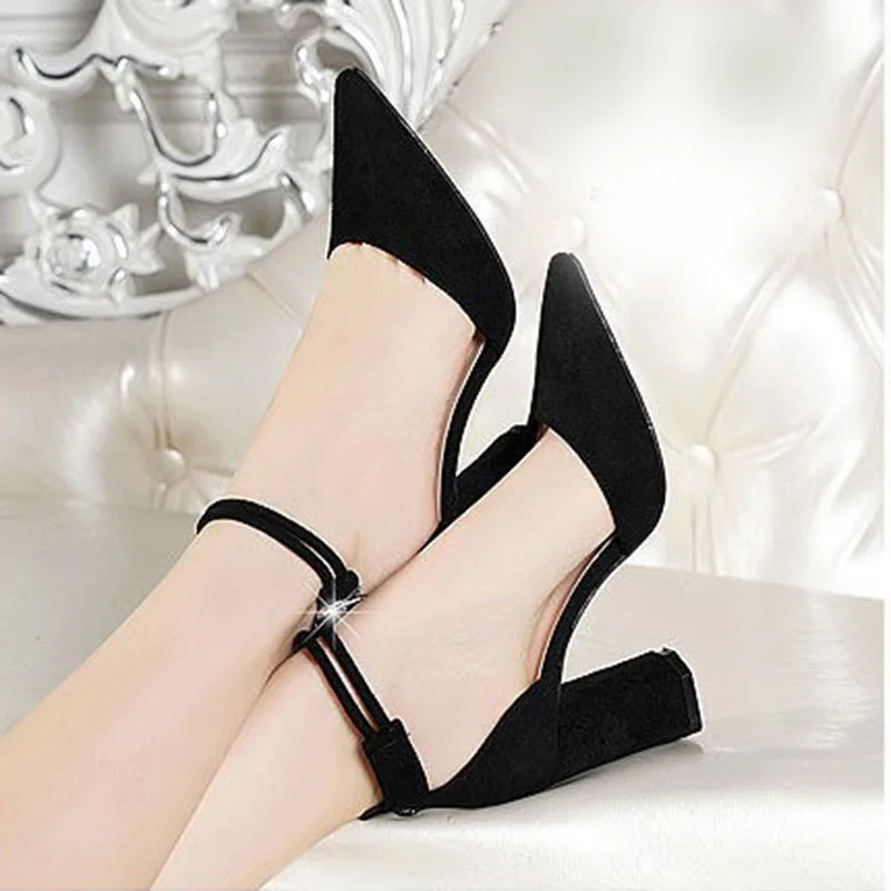 2024 Summer Square High Heels Women Shoes Flock Pointed Sandals Sexy Female Sandalias Shoes Ankle Buckle 6cm Heel Casual Pumps