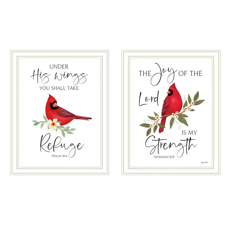 2-Piece Vignette Wall Art Set - "The Lord is My Strength" with Red Cardinals - White Framed Prints for Living Room and Bedroom
