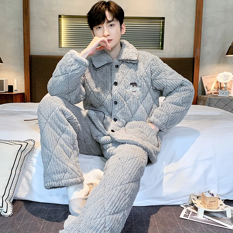

Пижамы мужские зимние толстые коралловые флисовые подкладки с длинными рукавами домашняя одежда трехслойные фланелевые стеганые пижамы мужской кардиган пижамы
