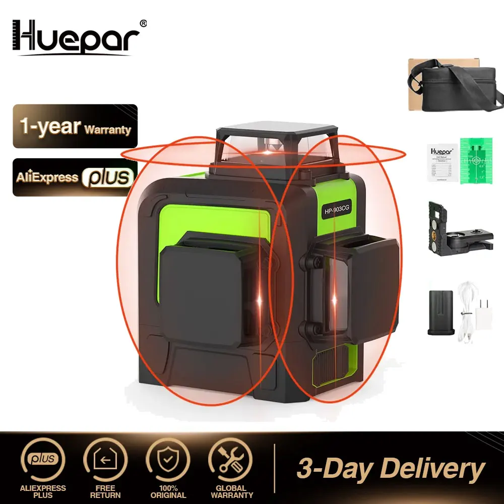 Linha Cruz Nível Laser Auto-nivelamento 360 Graus Cruz Vertical e Horizontal Super Poderoso Raio Laser Vermelho 12 Linhas Huepar3d