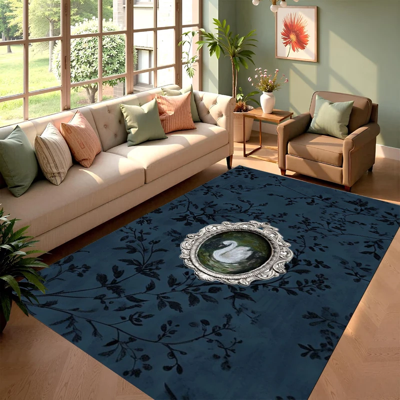 Dark Academia Swan Area Rug Soft Non-Slip Washable Carpet Retro Floral Floor Mat Doormat for Entryway Living Room Bedroom
