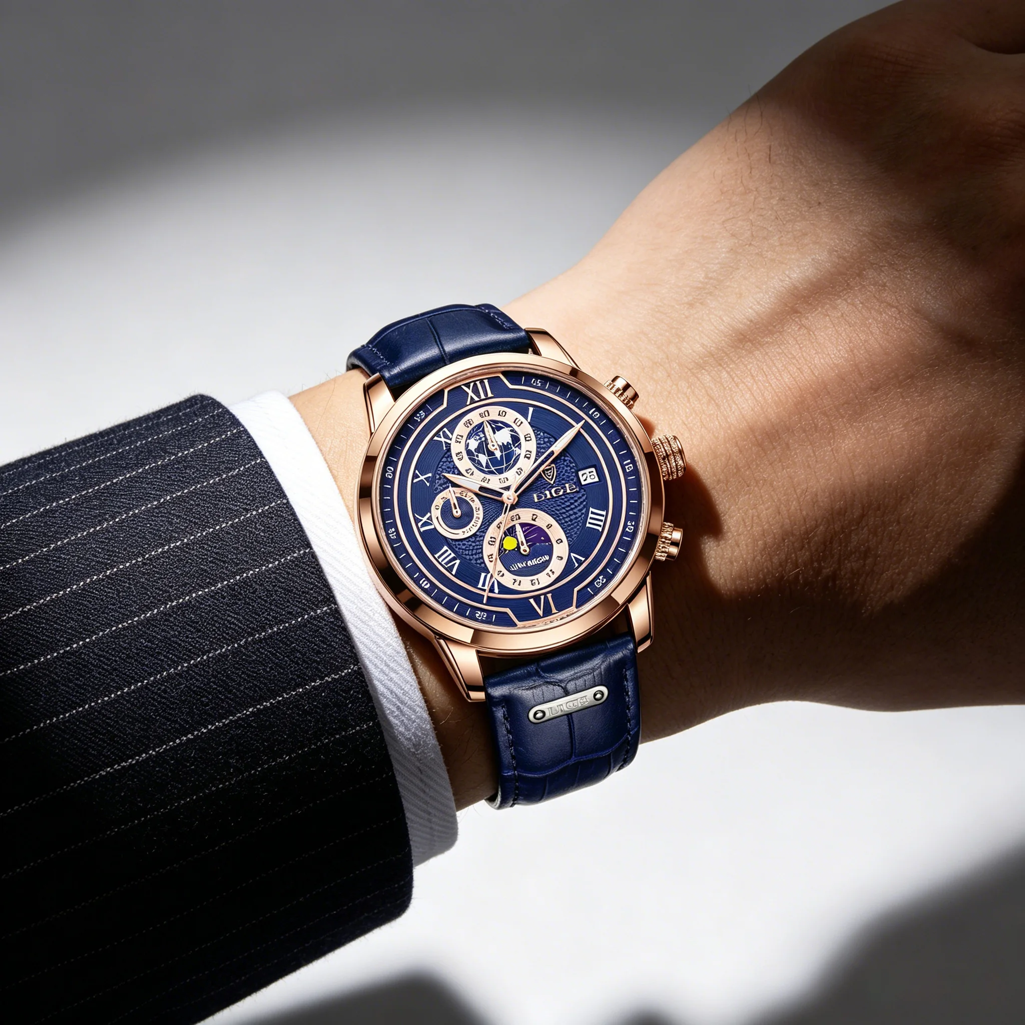 LIGE Chronograph Quartz Watches for Men Fashion Blue Leather Strap Casual Sport Wristwatch with Date 24-hour