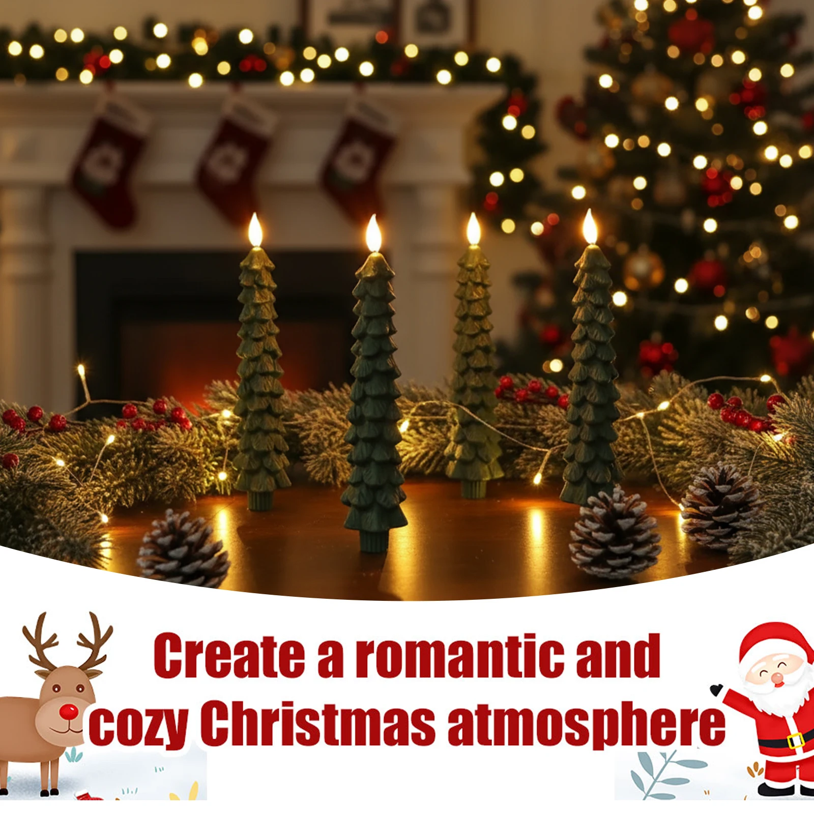 1/2/3/4PCS Christmas Tree Candles with 3D Flame Candlestick Lights Battery Operated Window Candle for Dinner Parties