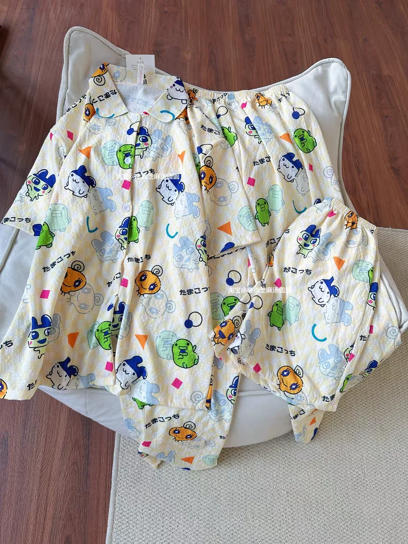 

Летние пижамы Tamagotchi, женские шорты с короткими рукавами и брюки, домашняя одежда с милым рисунком, комплект из трех предметов