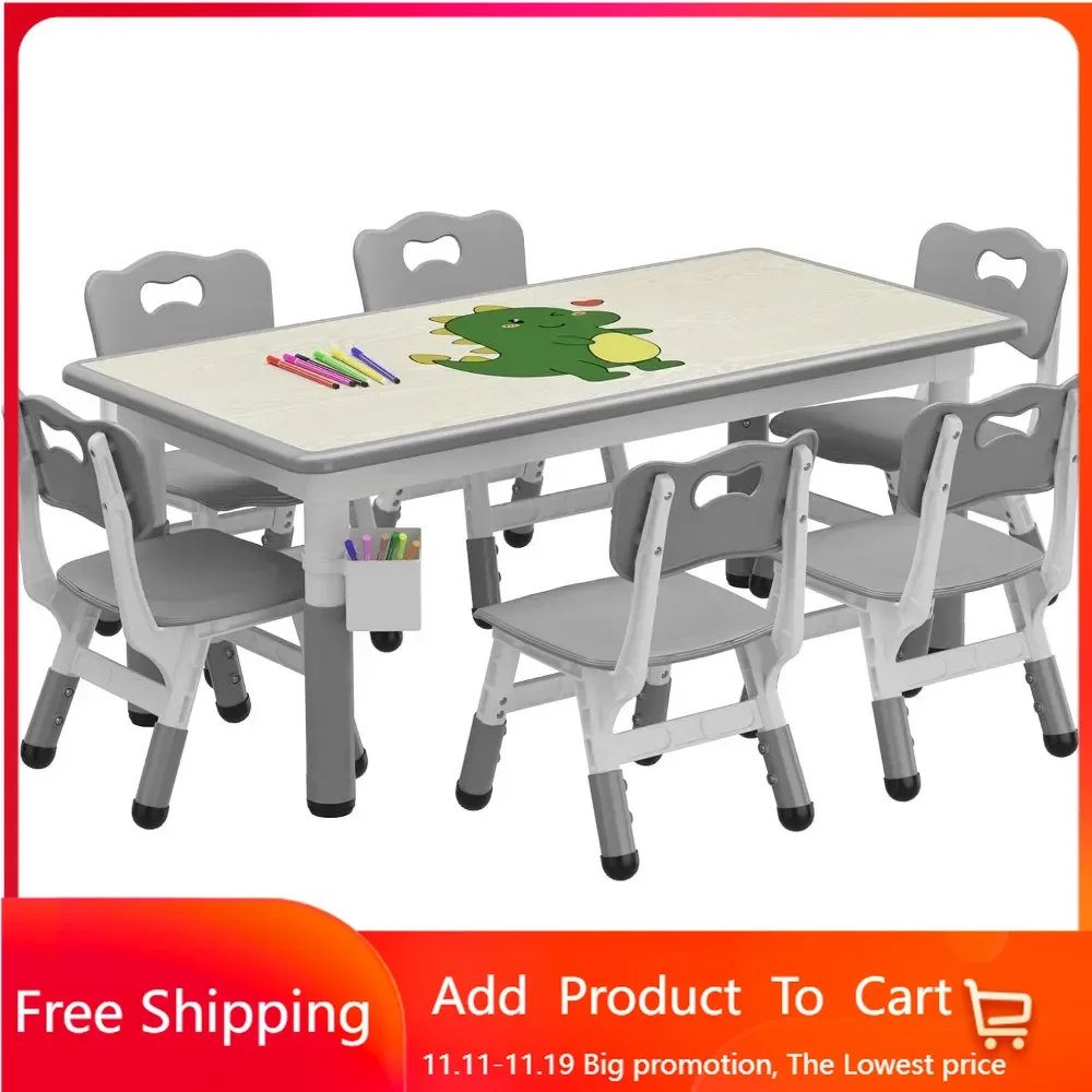 

Kids Table and 6 Chairs Set with Storage Box, Height Adjustable Toddler Table and Chair Set for Ages 2-10, Graffiti Desktop