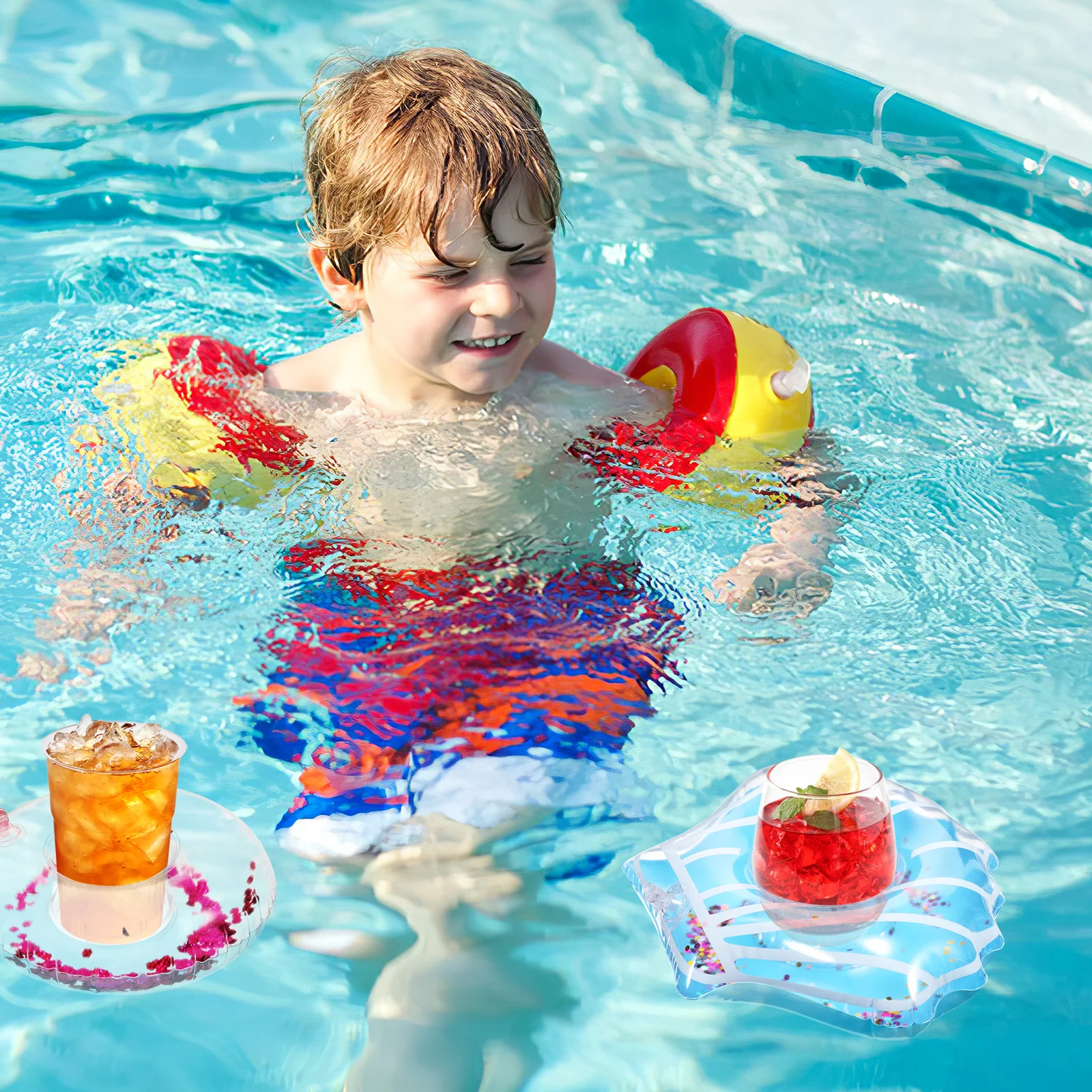 10Pcs Inflatable Drink Holder Glitter Floating Cup Holder High Buoyancy Lightweight Pool Coaster Swimming Pool Party