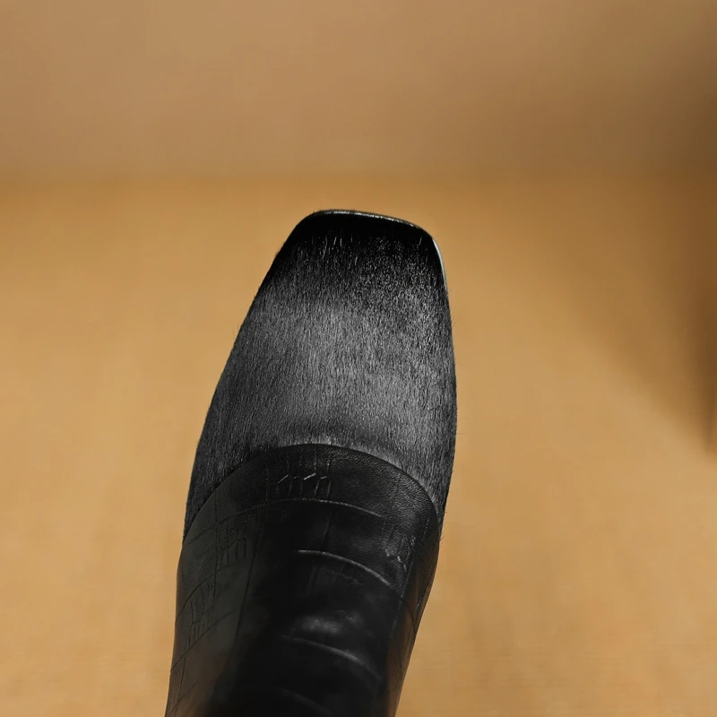 Women's new genuine leather, cowhide, horsehair splicing square toe, back zipper, middle heel, Chelsea short boots, fashion boot