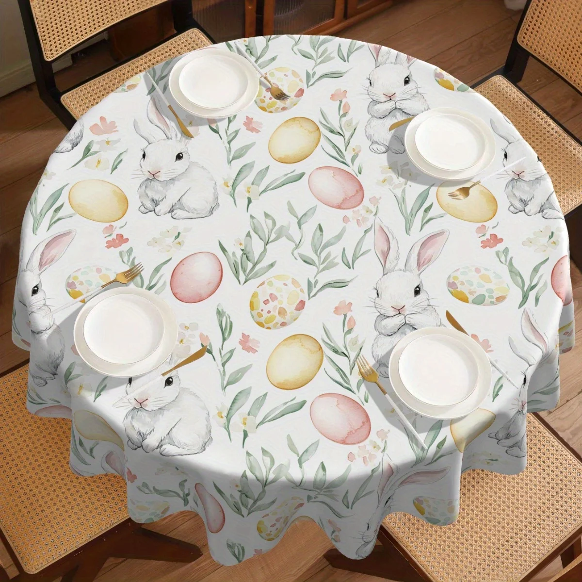 One vibrant spring-colored printed tablecloth, a cute rabbit egg flower-shaped tablecloth