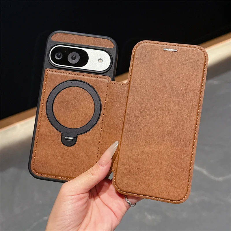 

Luxury PU Leather Card Wallet Flip Case For Google Pixel 10 9 Pro XL 8 9 10 Pro 9A Magnetic Magsafe 360 Rotat Ring Bracket Cover