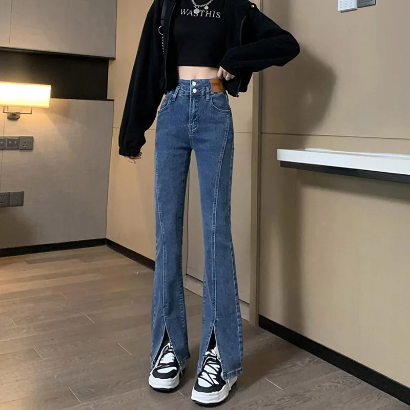 High Waist Slit Retro Denim Jeans Women's Straight Leg Elastic Slimming Micro Flared Short plus Size Drapey Floor-Length Pant...