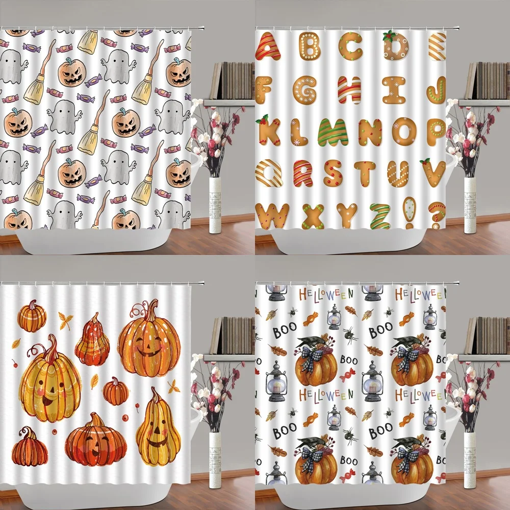 

Halloween Cute Boo Shower Curtains with Hook Waterproof Watercolor Pumpkin Spooky Ghost Candy Spider Bath Curtain Bathroom Decor