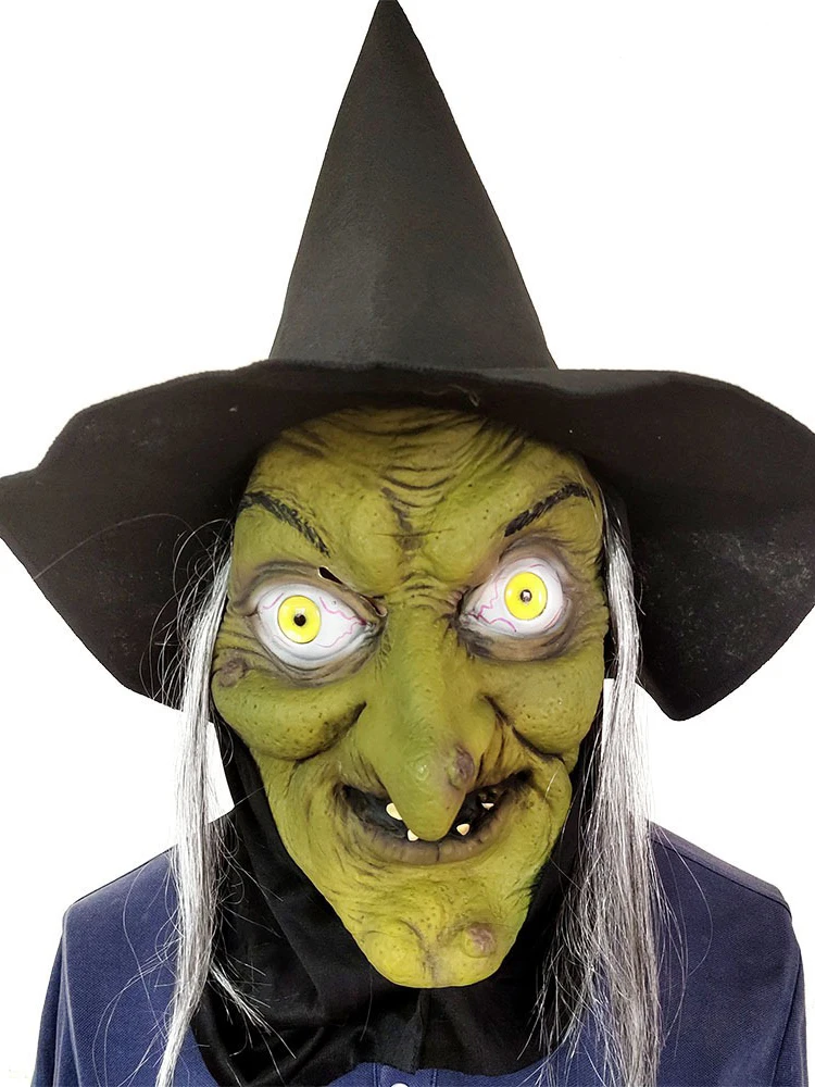 Halloween Horror Old Witch Mask with Hat Cosplay Scary Clown Hag Latex Masks Green Face Big Nose Old Women Costume Party Props